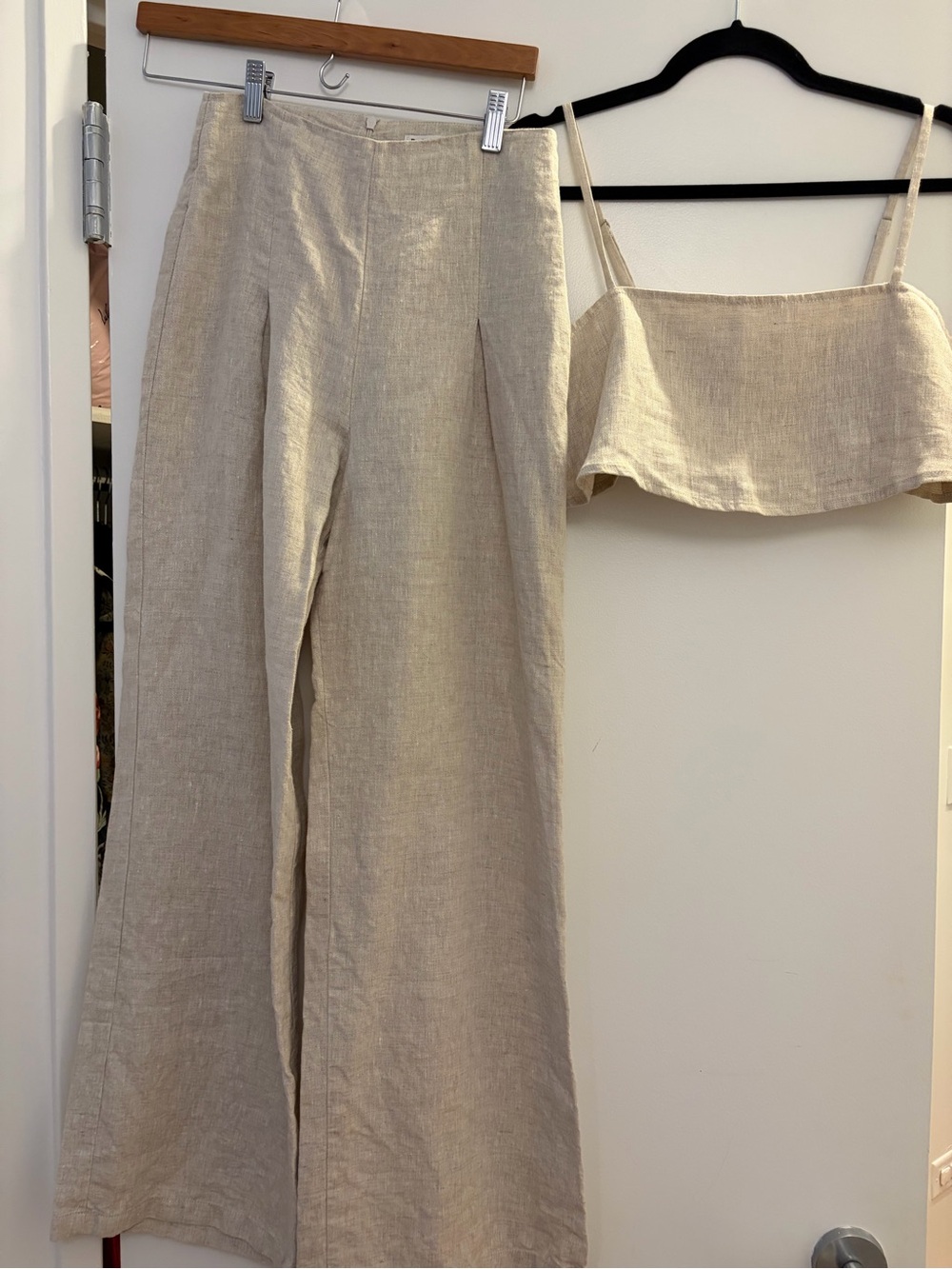 Reformation Natural Beige Wide-Leg Linen Pants and matching top